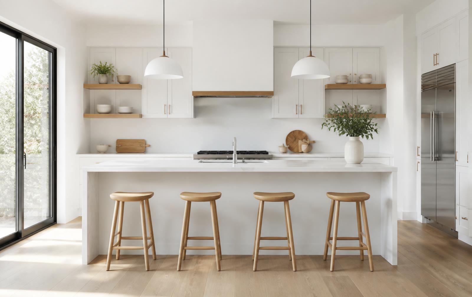 Cocina reformada con frentes blancos, isla de mármol y madera natural