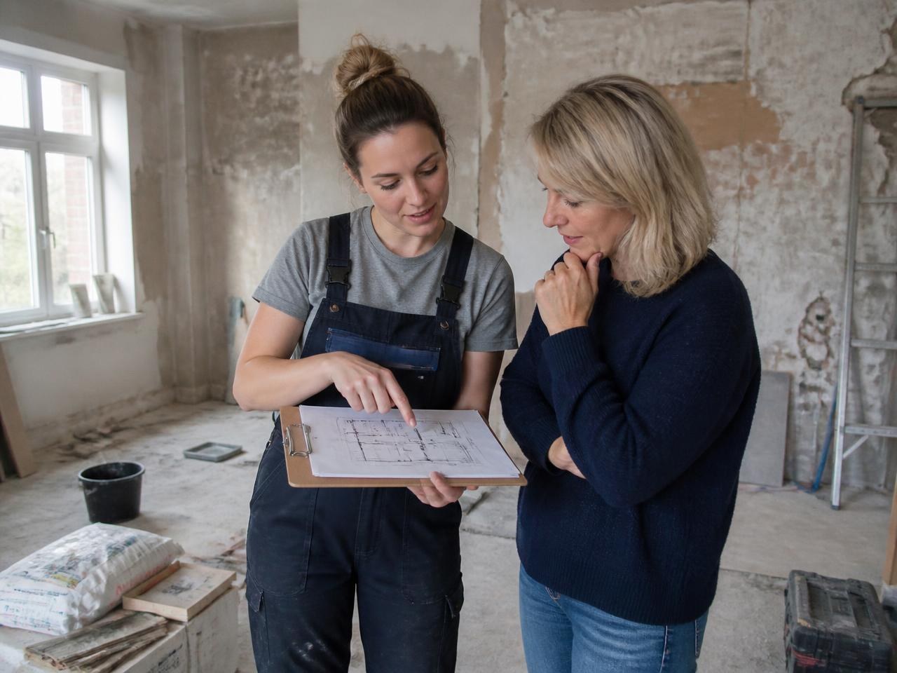 Profesional de reformas y clienta revisando juntos el plano de la obra en el salón de la vivienda