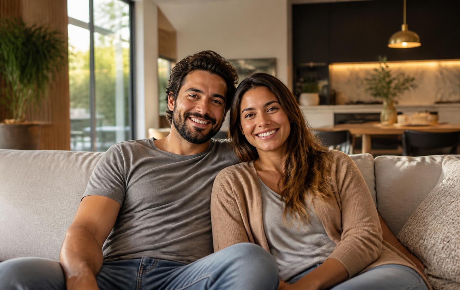 Pareja sonriendo en el salón de su casa recién reformada